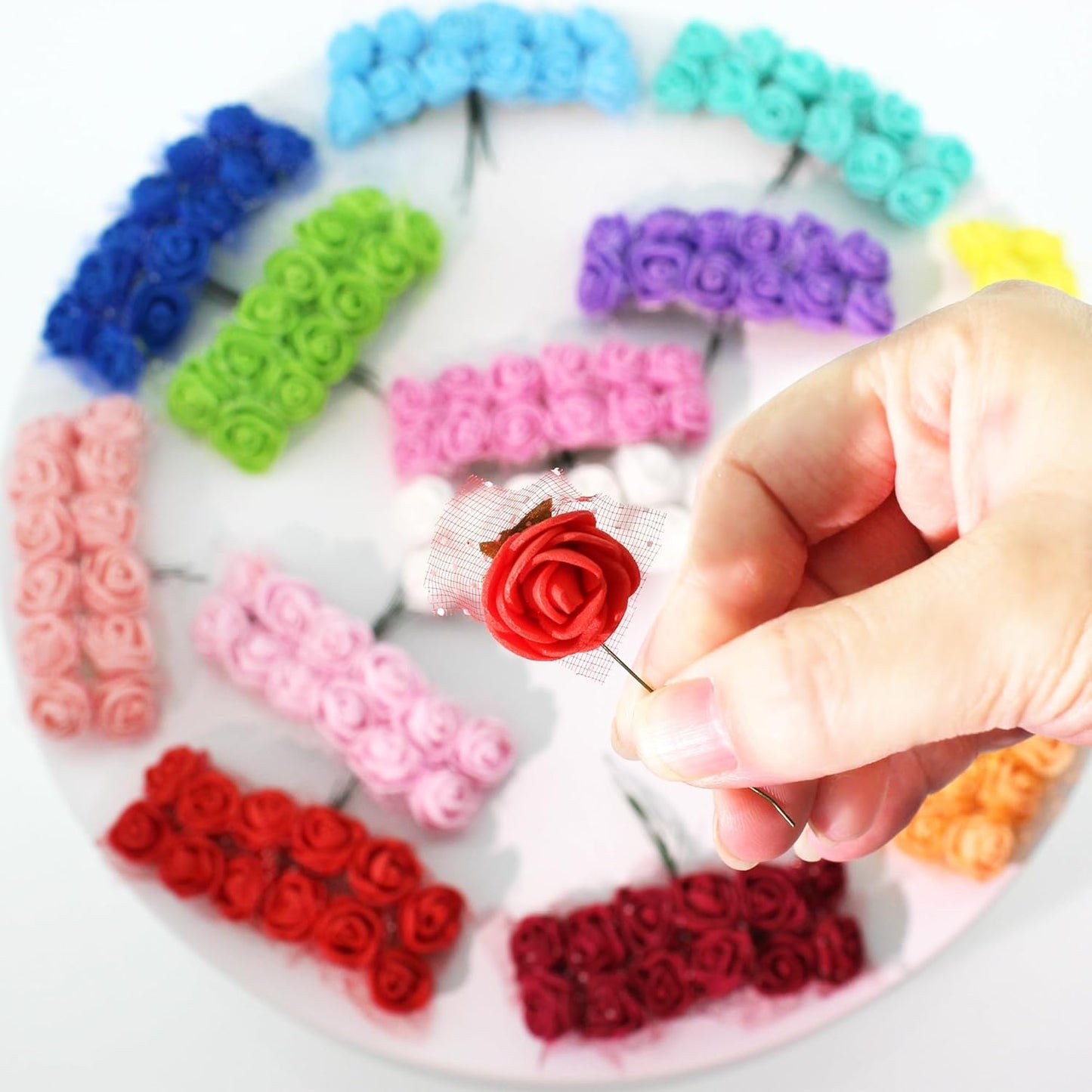 500 Pcs 0.6 Inch Mini Artificial Flowers Head Bulk 5 in 1 Set Faux Foam Fake Small Rose Tiny Baby Flores Bouquet Wreath Gift Hair Clip Home Decoration DIY Craft (7 Colors Mixed)