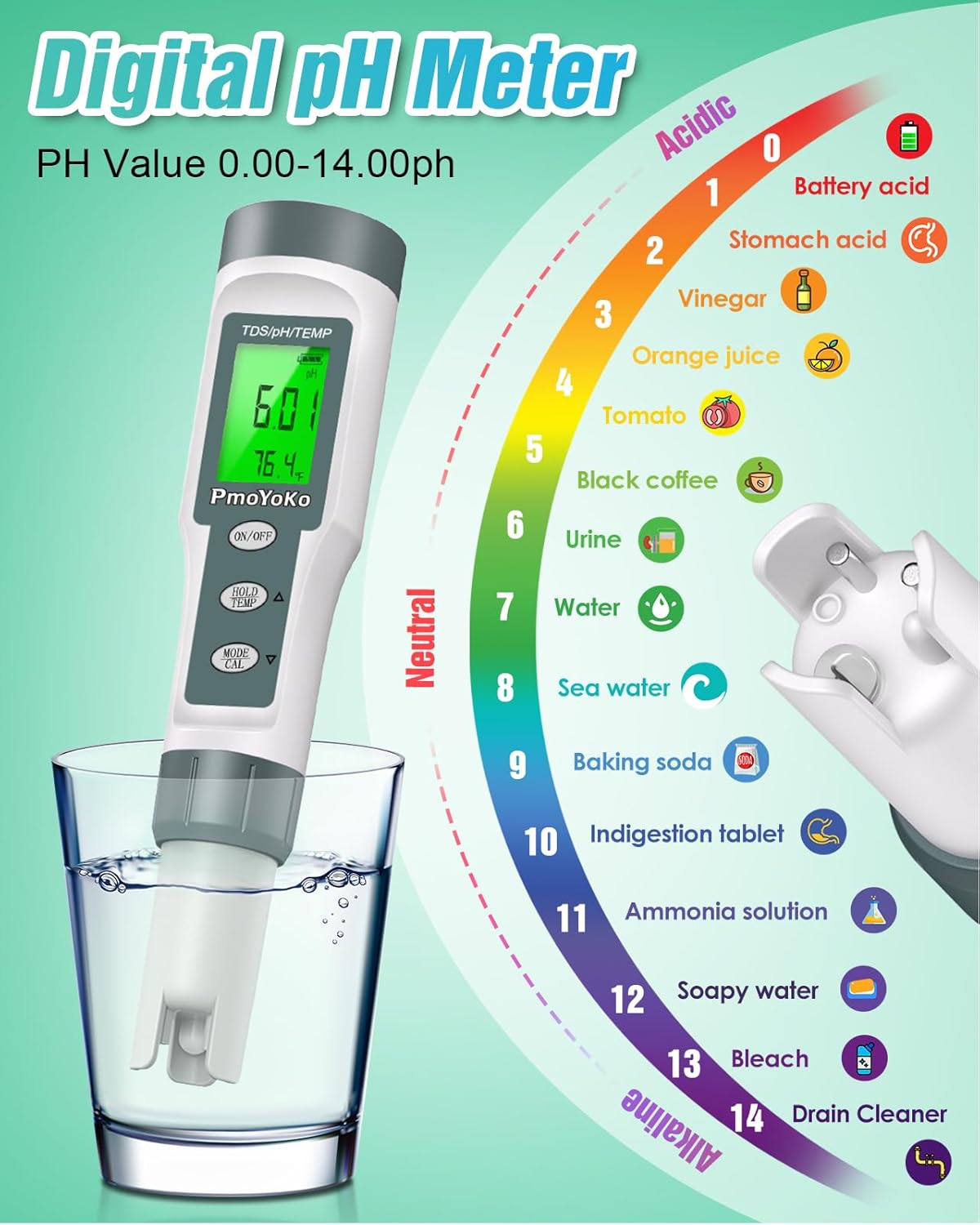 pH Meter, Digital PH Tester Pen 3 pH Calibration Powders ±0.01 pH Accuracy Pocket Size, Lcd display for Household Drinking, Pool and Aquarium