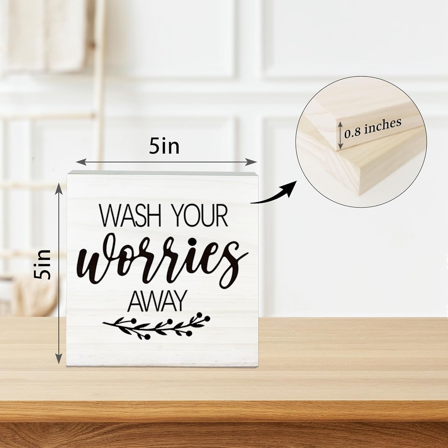 Wash Your Worries Away Wooden Sign - Funny White Block Plaque Desk Decoration-5x5 inches Inspirational Wood Block Gifts For Friends Family-Laundry Room Restroom Bathroom Tabletop Favors & Supplies-A01