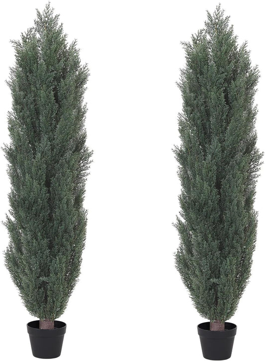 THE BLOOM TIMES 5ft Topiary Trees Artificial Outdoor – UV Resistant Faux Cedar Pine Cypress Bushes and Shrubs, Fake Potted Plants for Front Porch Outside Planter Patio Decor, Set of 2 (5 Foot)