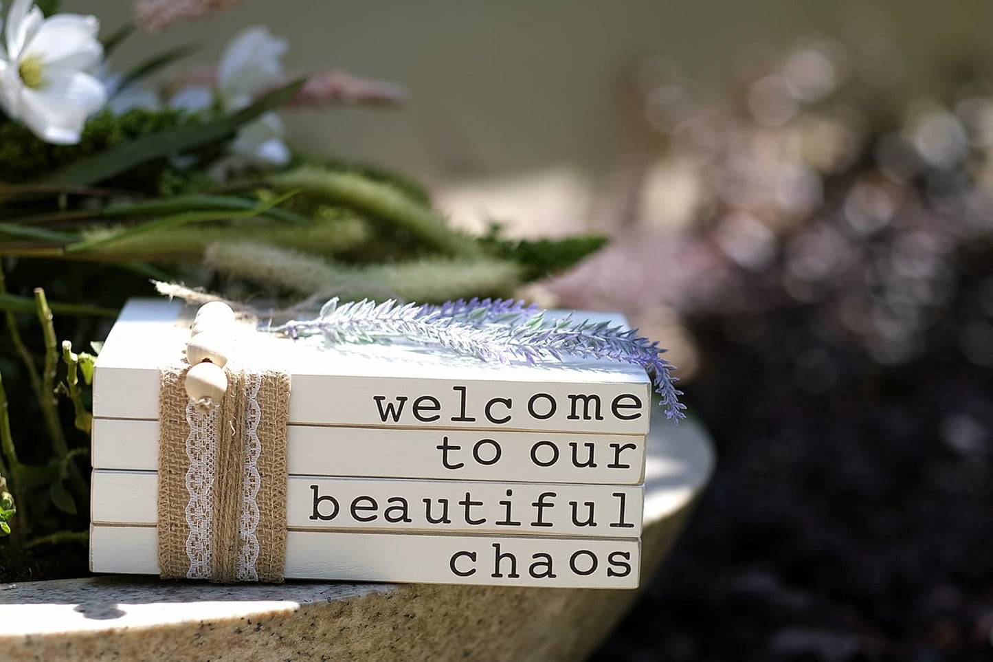 Lavender Inspired Welcome to Our Beautiful Chaos - Rustic Farmhouse Stacked Books - Set of 4 Wooden Book Bundle - Farmhouse Home Decor - Housewarming Gift