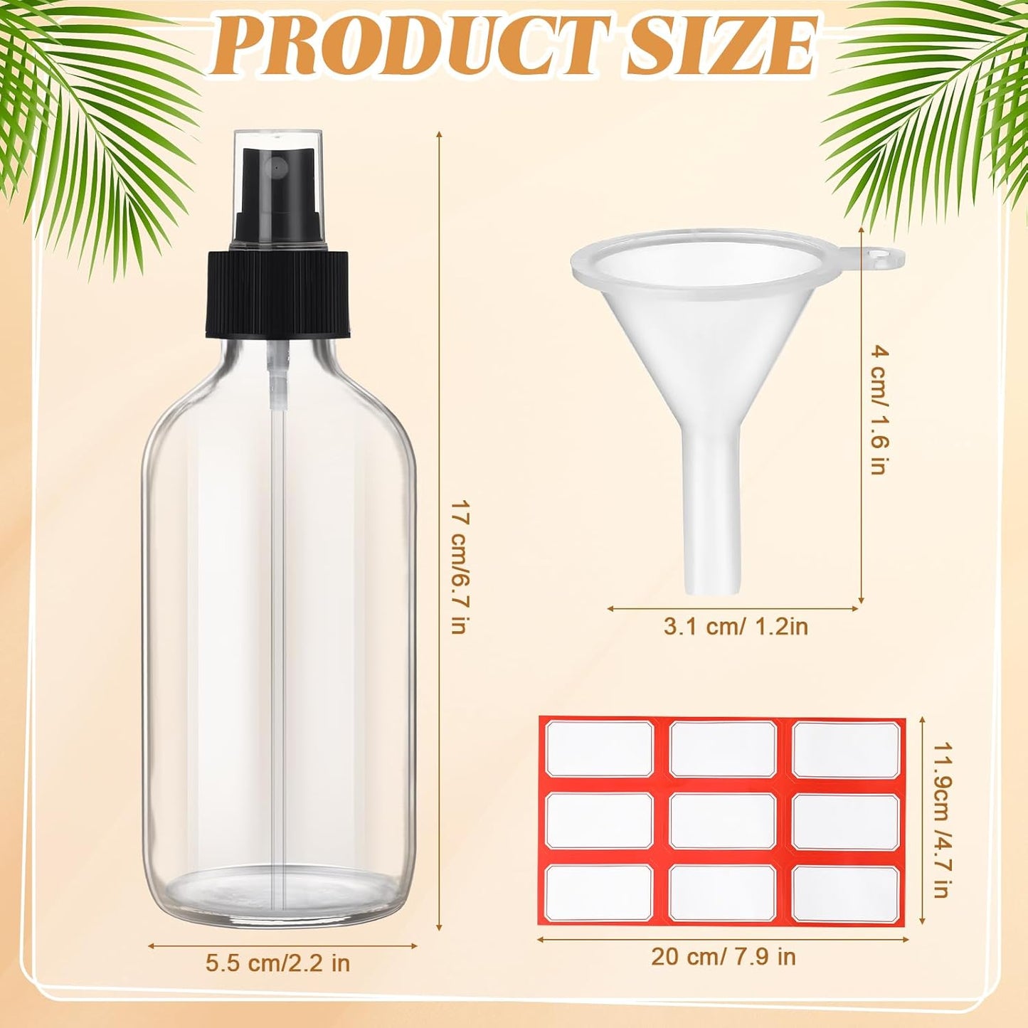 Norme 12 Pcs 8 oz Glass Spray Bottles with Funnels and Labels Refillable Cosmetic Empty Spray Bottles with Sprayer Containers for Essential Oil Cleaning Solutions(Clear,Stylish)