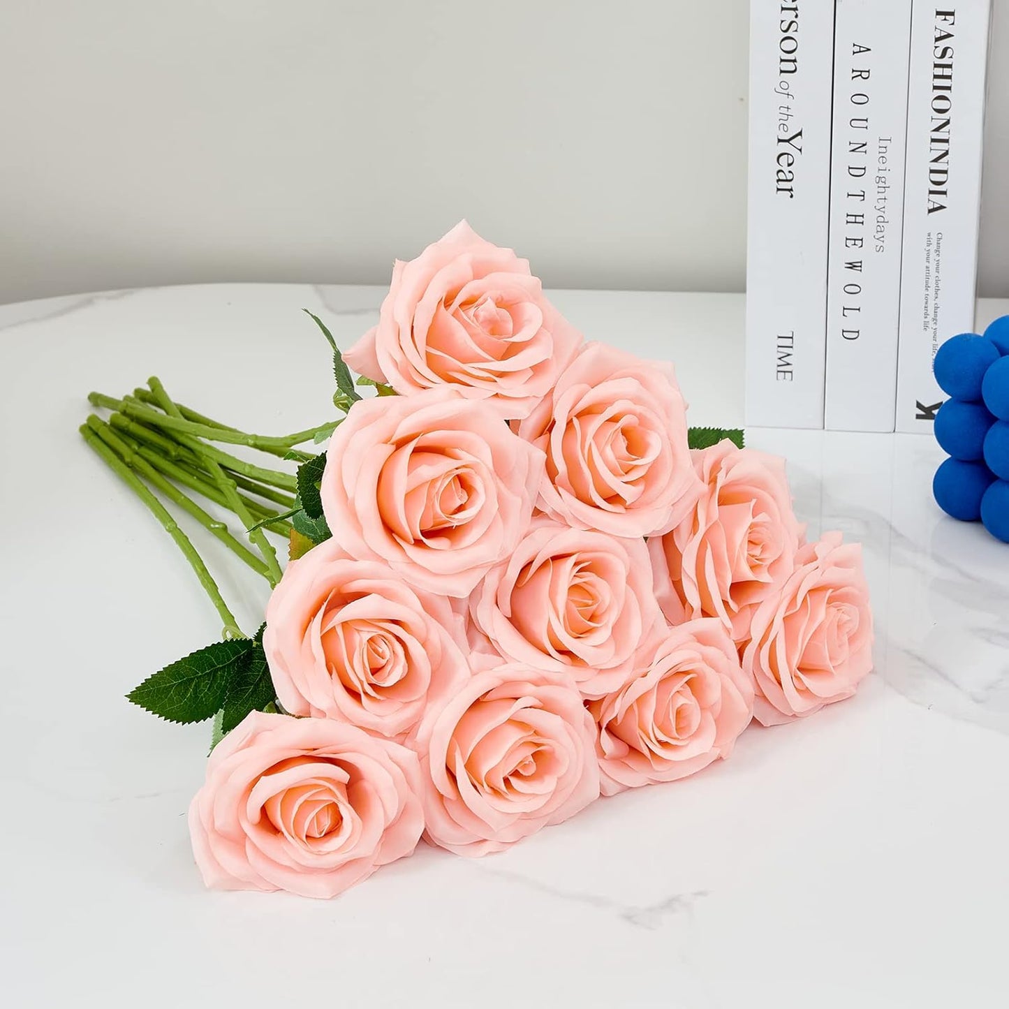 Artificial Rose 10pcs Open Flower Bouquet Faux Rose Stems for Wedding Arrangement, Bridal Bouquet, Centerpiece, Fake Faux Silk Flowers (Coral Peach)