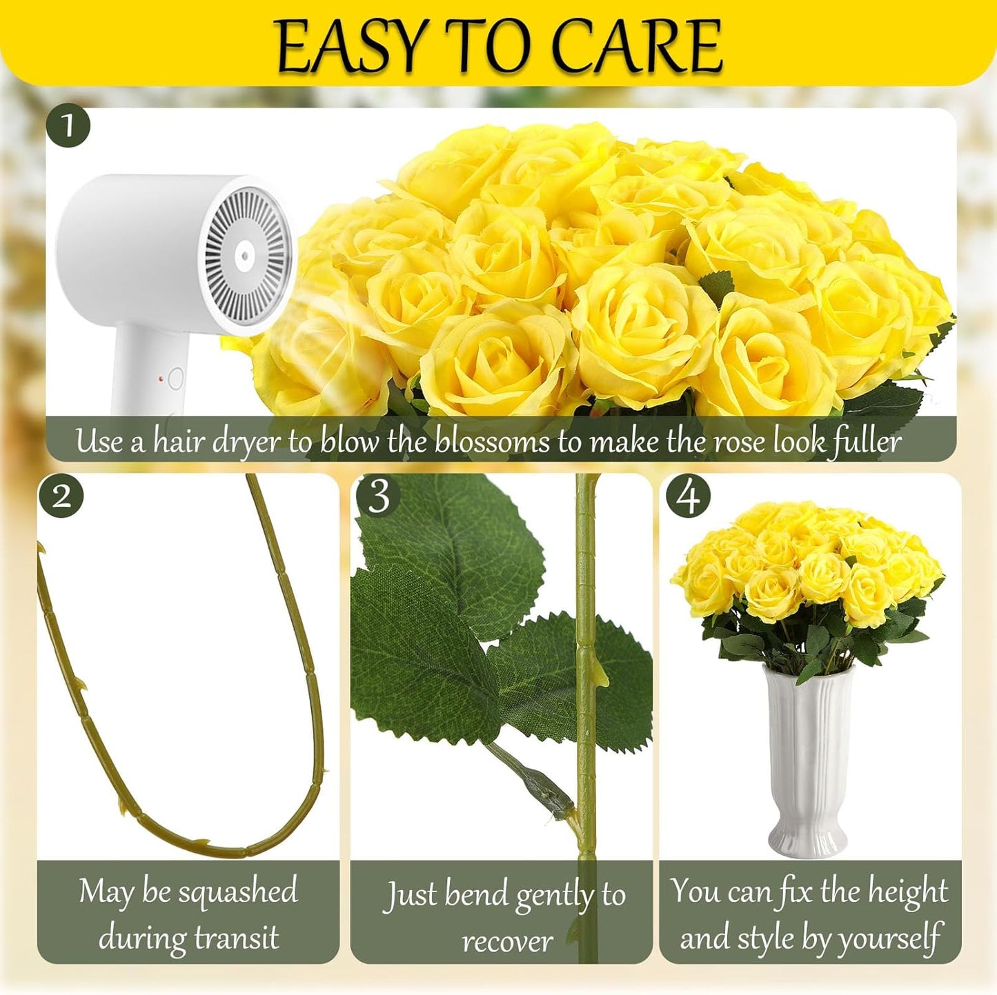 36 Pcs Silk Yellow Rose Bouquet Bridal Artificial Flowers,Fake Rose Long Stem Realistic Flowers Bulk for Wedding Bouquet Ball Arrangement Centerpiece Party Decor