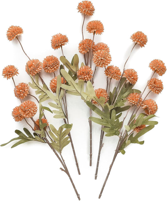 Floroom 5pcs Burnt Orange Faux Silk Mums Artificial Flowers, Bulk Fake Small Mini Chrysanthemums with Stems for DIY Terracotta Wedding Centerpieces Floral Arrangements Vase Fillers Home Decorations