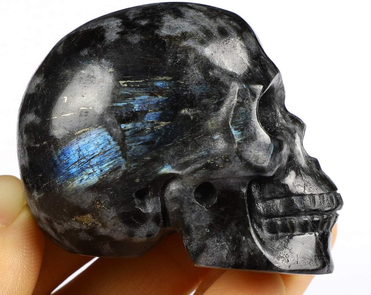 Skullis 2.0” Russian Arfvedsonite Crystal Skull, Hand Carved Gemstone Fine Art Sculpture, Reiki Healing Stone Statue.1
