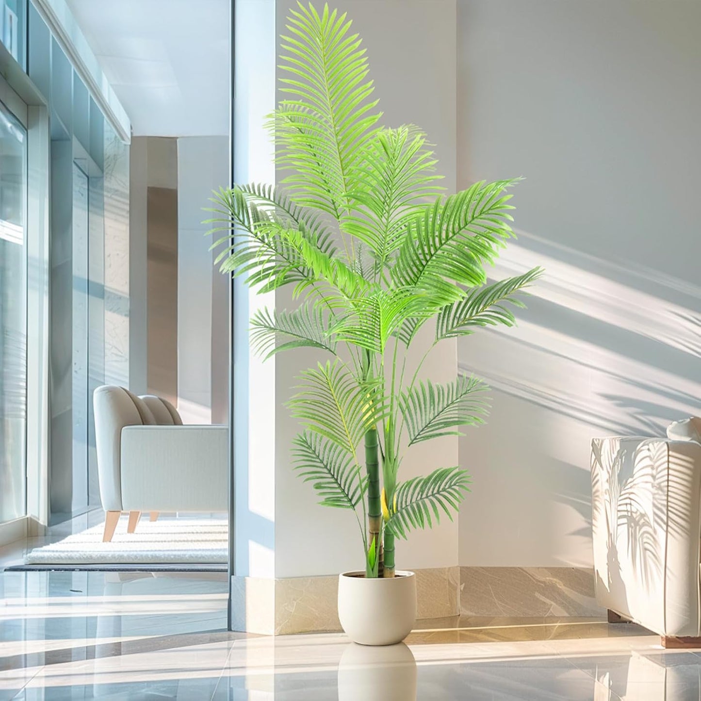 Artificial Fake Palm Tree 7FT 1Pack with White Planter & Free Moss, UV Resistant Artificial Palm Tree for Outdoors, Fake Plants for Poolside Home Room Decor, Faux Plants Outdoor Decor