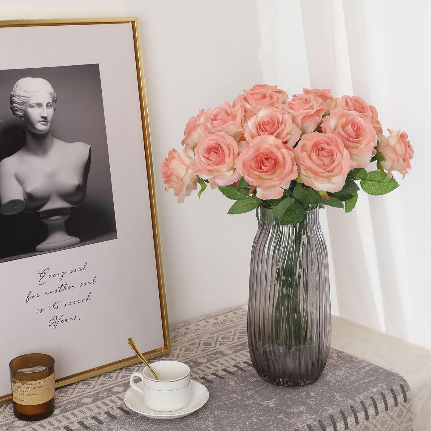 Pink Fake Roses Artificial Flowers - 10 Pcs Fake Artificial Roses Silk Flowers with Stems for Home Wedding Hotel Office Centerpiece Decor（Gradient Pink）