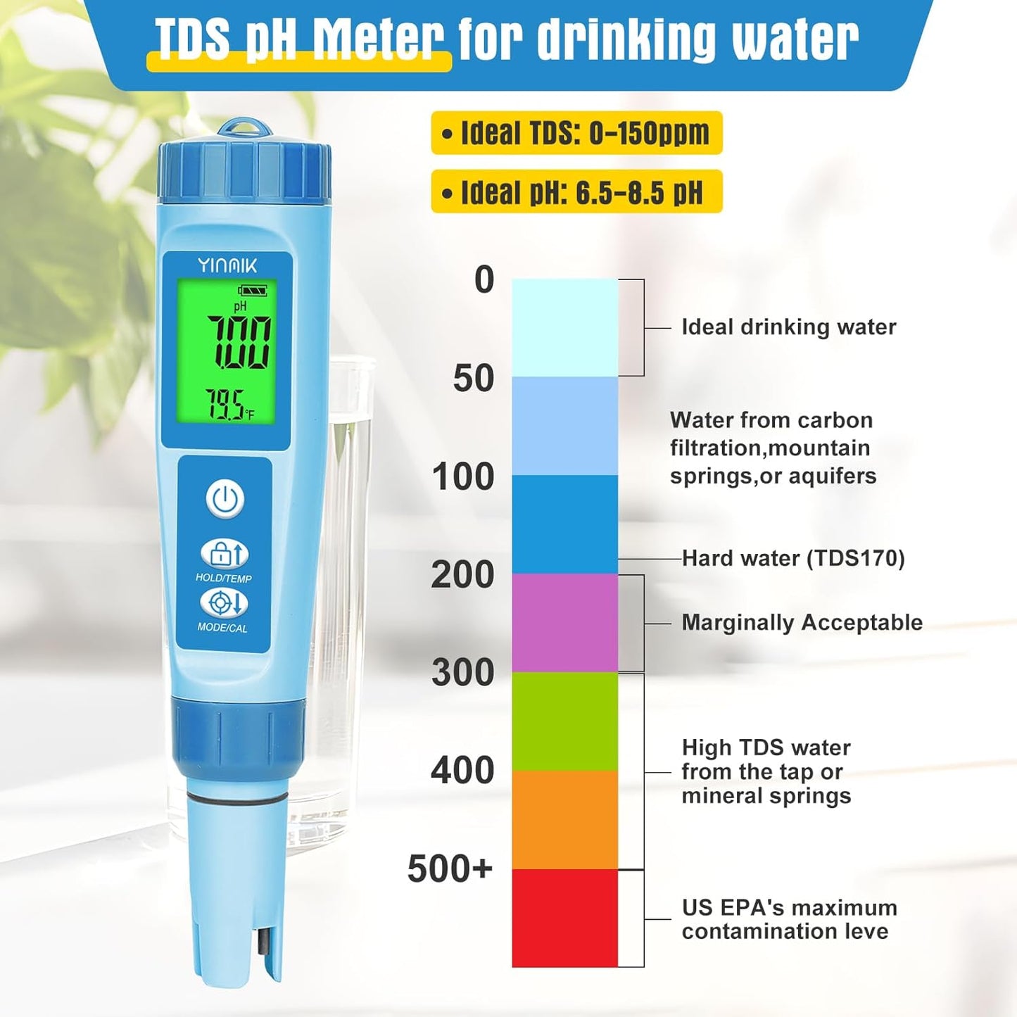 Water pH Meter, Digital 4 in 1 pH Temp EC TDS Meter for Hydroponics, PH Conductivity PPM Tester with EC Calibration Liquid, Suit for Growing Nutrients,Reservoir Tank,DWC,Brewing,Pool, Aquarium
