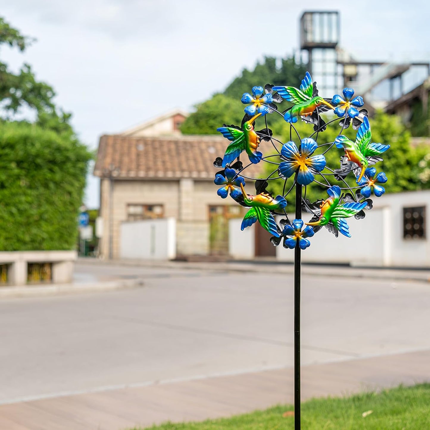 Double Blade Hummingbird Swivel Wind Spinners, Outdoor Garden Spinners 38inch Garden Stakes Decor, Metal Pinwheels for Yard and Lawn