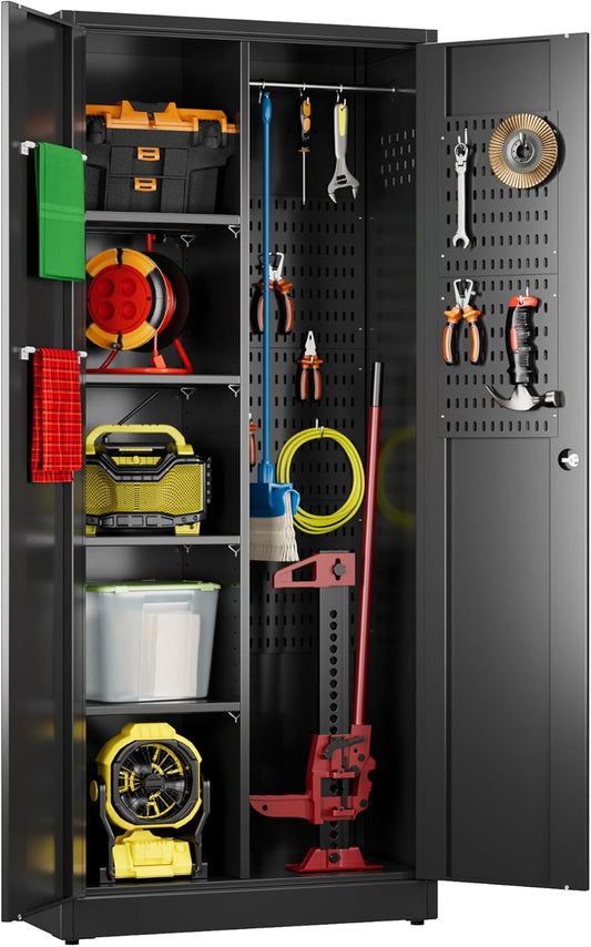 Broom Closet Storage Cabinet with 5 Pegboard, Hanging Rod &13 Hooks, Utility Metal Garage Storage Cabinets with Doors and 4 Shelves for for Garage Home Storage, Black,61.6" Hx27.6 Wx13.8 D