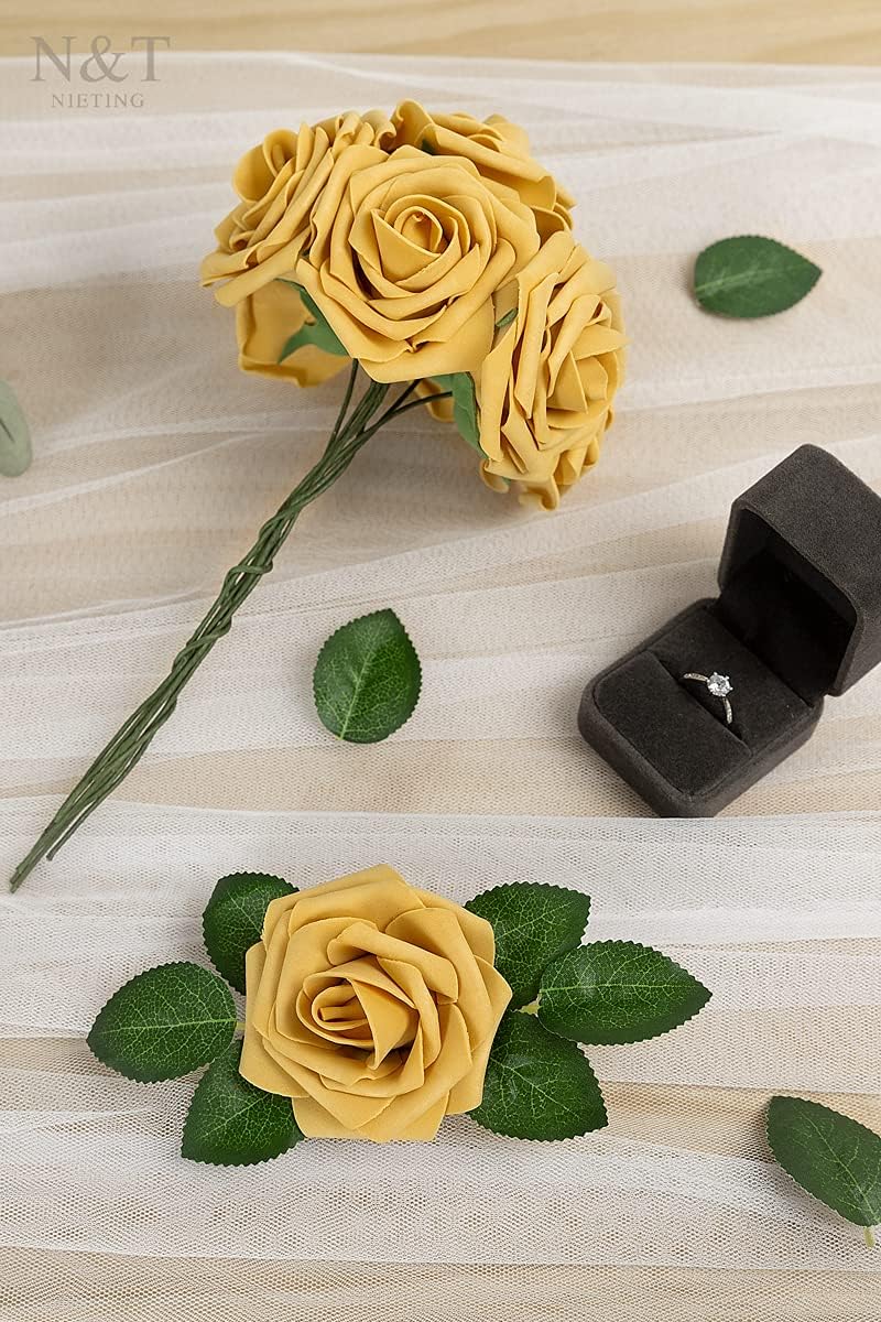 N&T NIETING Artificial Rose Flowers, 25pcs Fake Flowers Fall Yellow Rose DIY for Wedding Bridesmaid Bridal Bouquets Centerpieces Party Cake Decoration Home Display, Gold Yellow