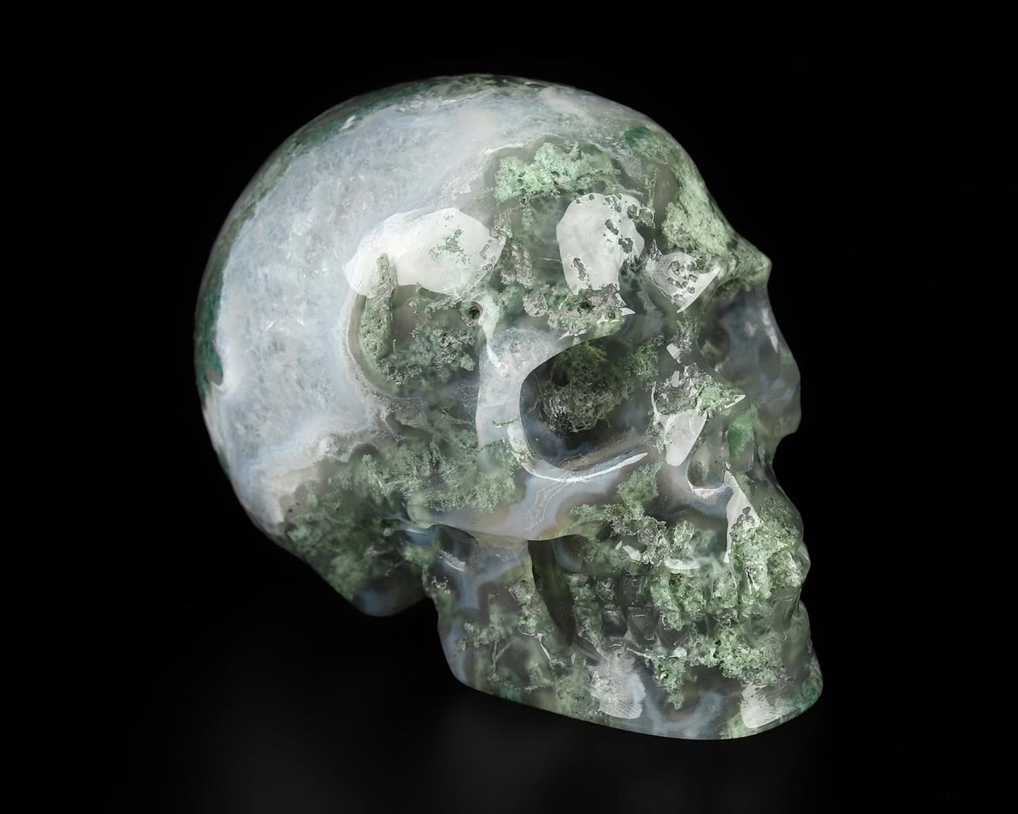 Skullis 2.0” Green Moss Agate Crystal Skull, Hand Carved Gemstone Fine Art Sculpture, Reiki Healing Stone Statue.