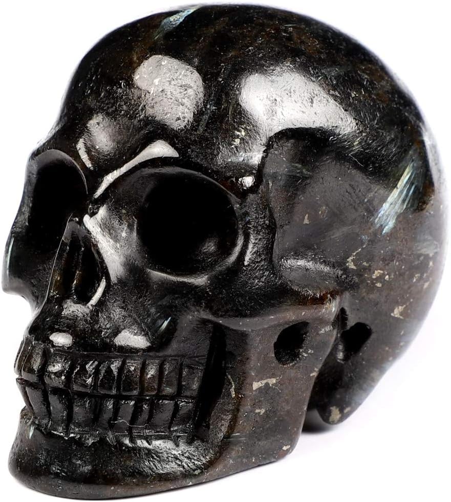 Skullis 2.0” Russian Arfvedsonite Crystal Skull, Hand Carved Gemstone Fine Art Sculpture, Reiki Healing Stone Statue.