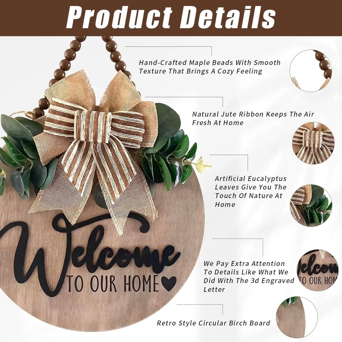 3D Welcome Sign for Front Door | Home/Farmhouse Porch Décor Wooden Hanging Sign with Artificial Leaves and Rustic Beads | Christmas Classroom |12" Round