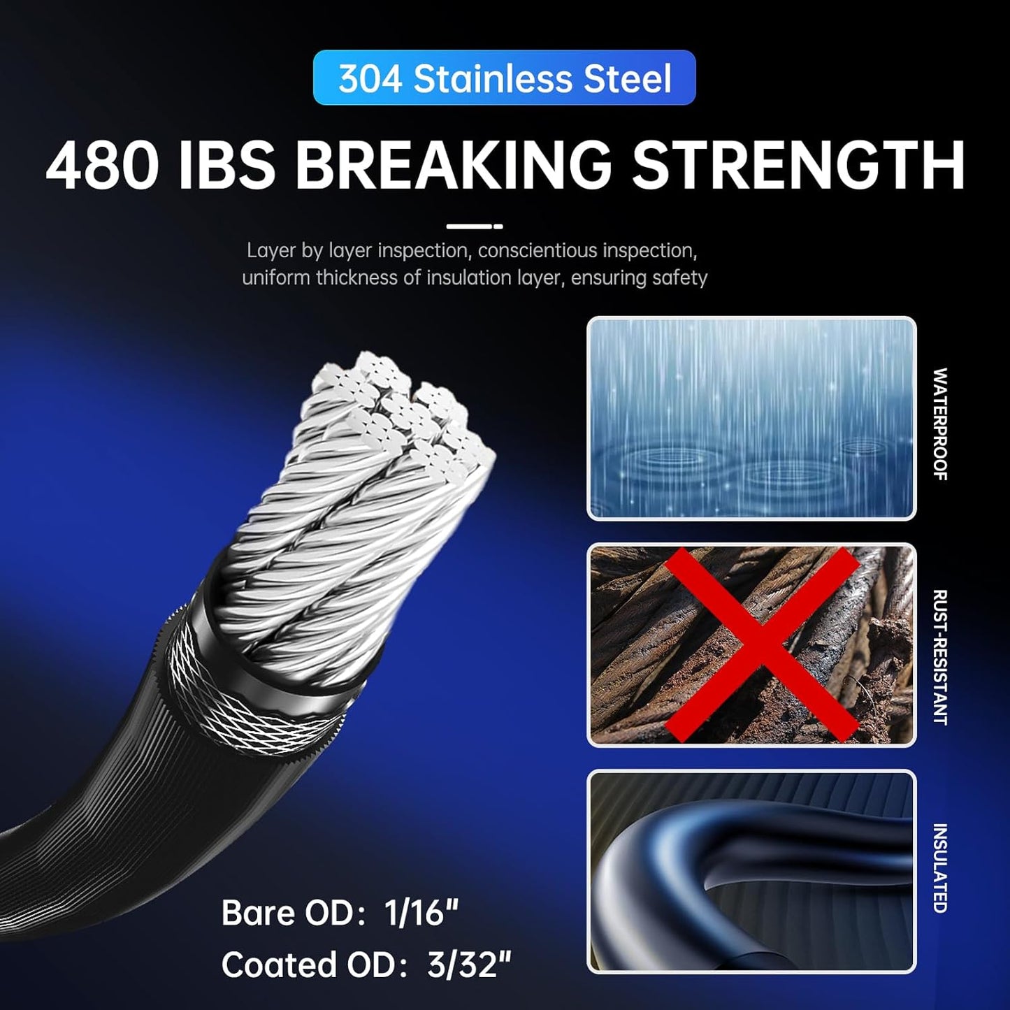 246FT Black Vinyl Coated 304 Stainless Steel Wire Rope Cable Kit – Heavy Duty Outdoor String Light Hanging Guide Wire with M5 Turnbuckle for Patio, Garden, Christmas Lights