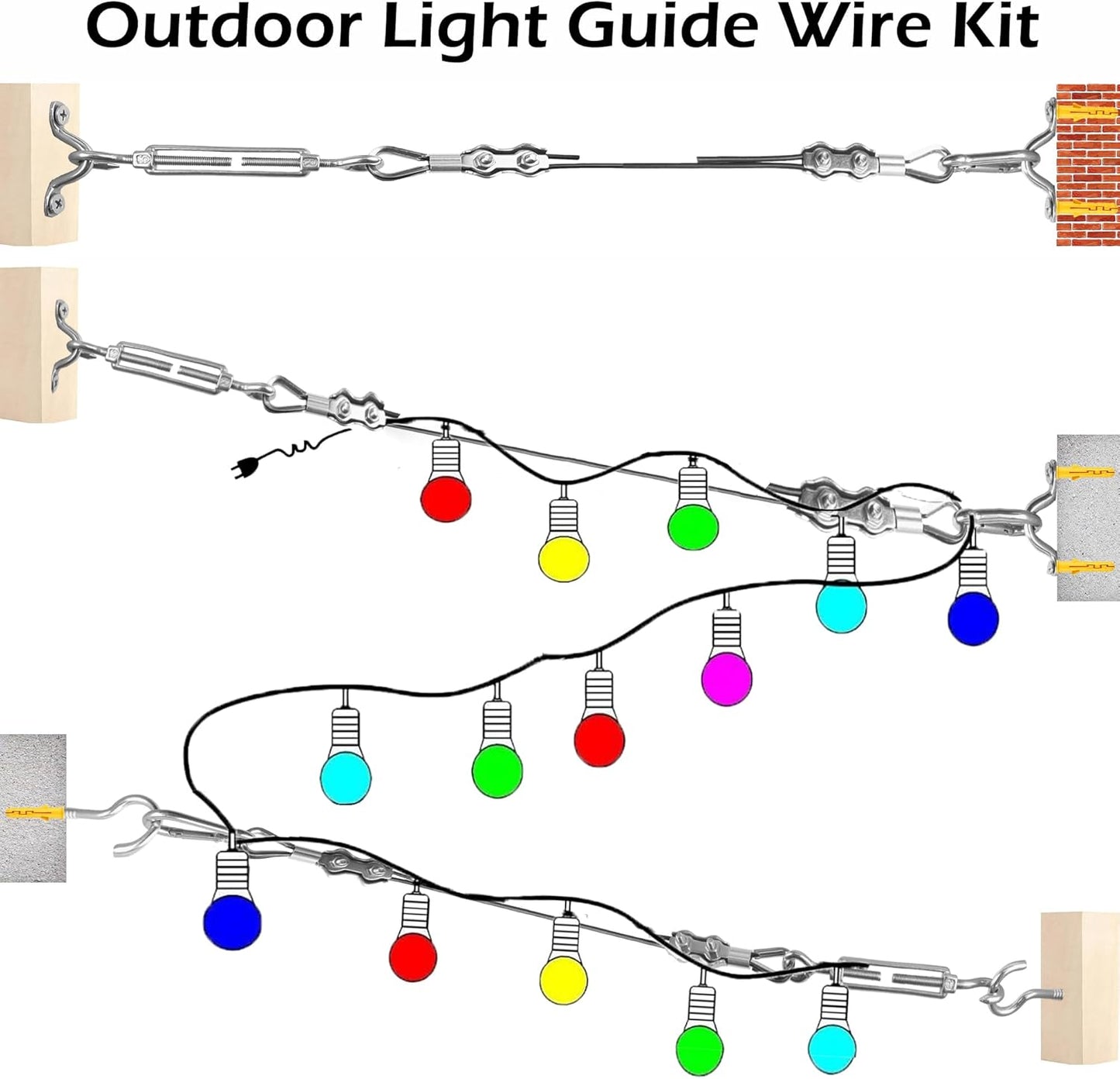 246FT Black Vinyl Coated 304 Stainless Steel Wire Rope Cable Kit – Heavy Duty Outdoor String Light Hanging Guide Wire with M5 Turnbuckle for Patio, Garden, Christmas Lights