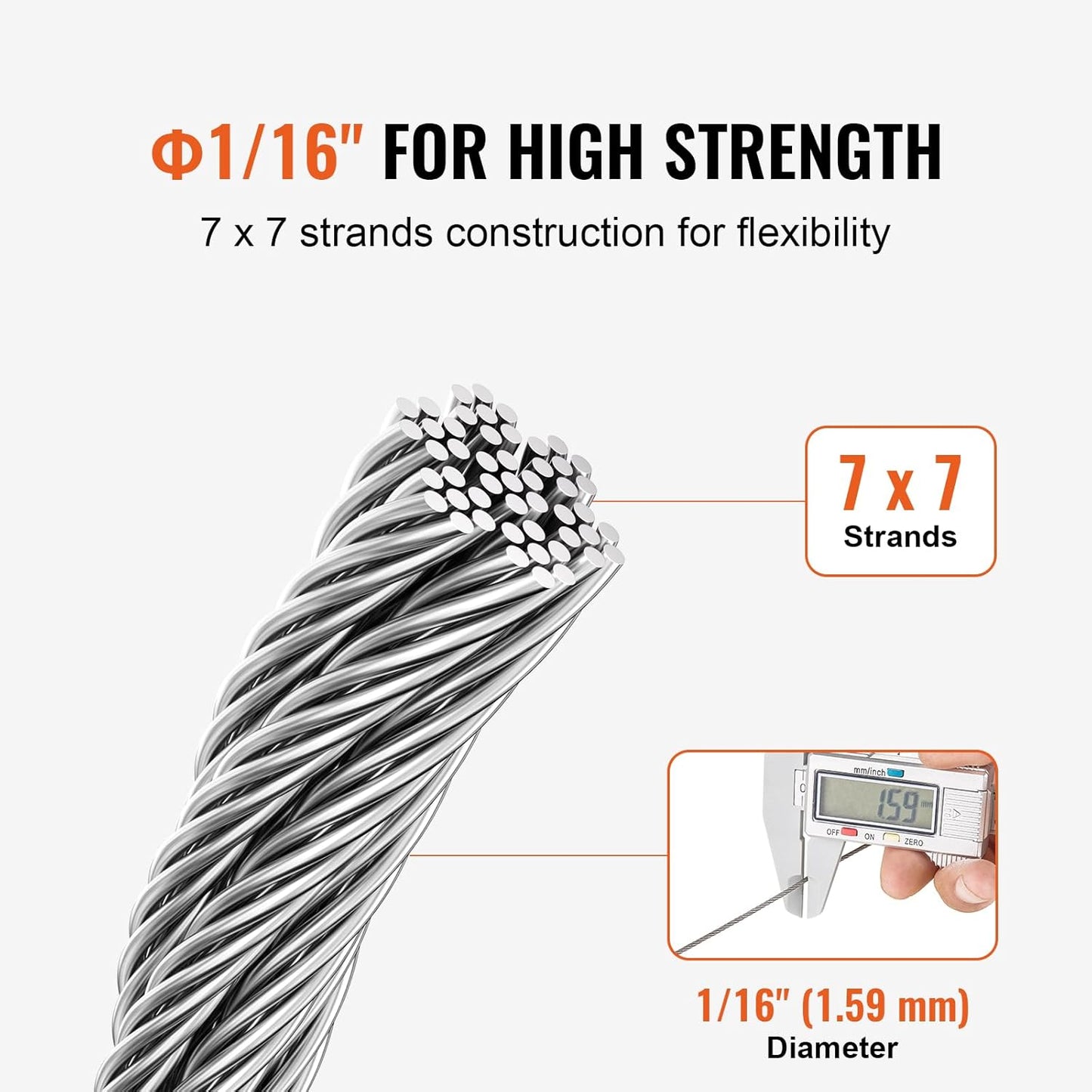 VEVOR 1/16 Wire Rope, 330 FT 304 Stainless Steel Cable with 80 Sleeves, 20 Thimbles, 450 lbs Breaking Strength, 7x7 Strands Marine Aircraft Grade for Handrail Stair Decking Fence Outdoors