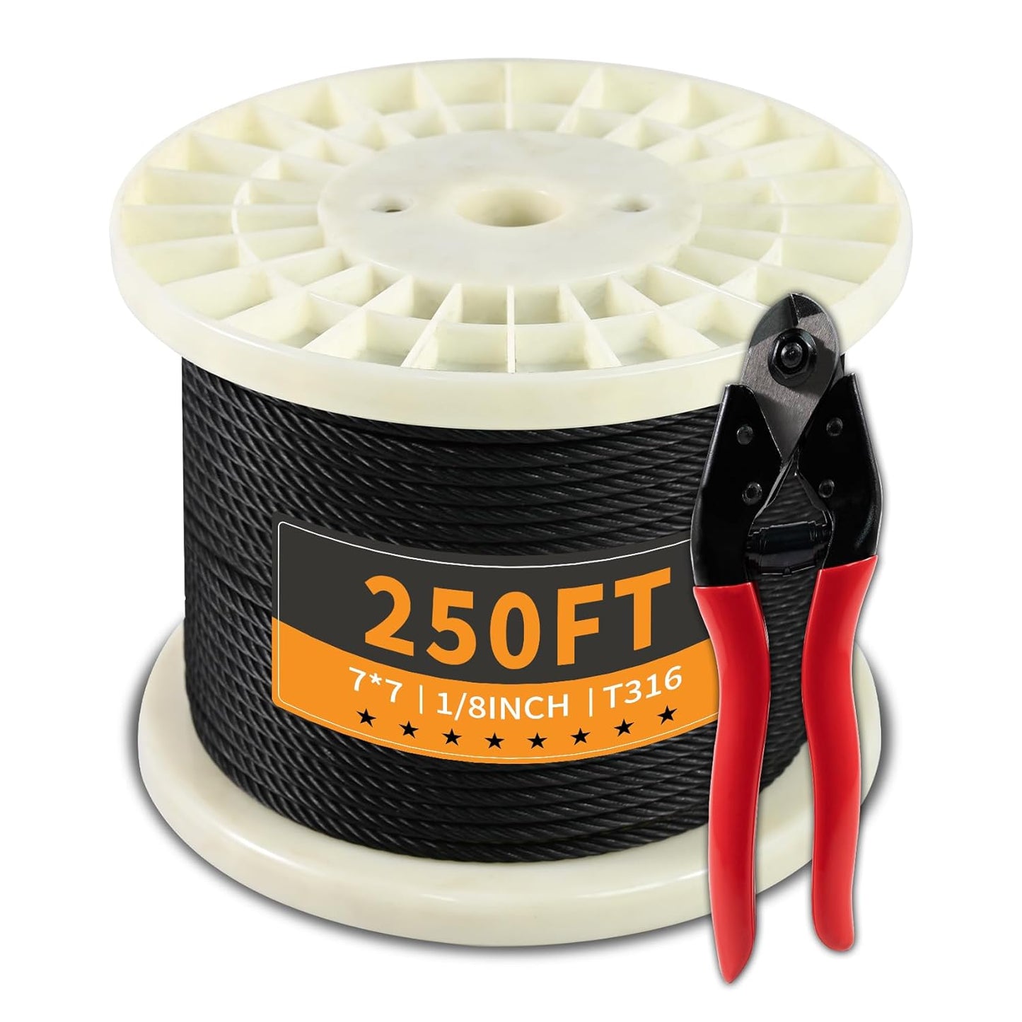250FT 1/8" Stainless Steel Cable Black 7x7 Strands Aircraft Cable T316 Wire Rope with Cable Cutter 1800lbs Breaking Strength Wire Cable for Deck Cable Railing, Stair, Fence, DIY Balustrades