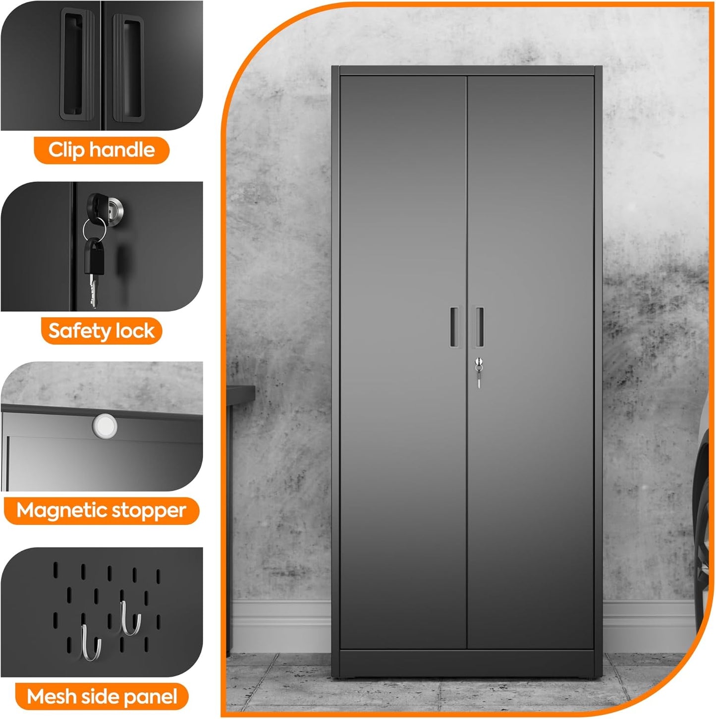 Broom Closet Storage Cabinet with 5 Pegboard, Hanging Rod &13 Hooks, Utility Metal Garage Storage Cabinets with Doors and 4 Shelves for for Garage Home Storage, Black,61.6" Hx27.6 Wx13.8 D