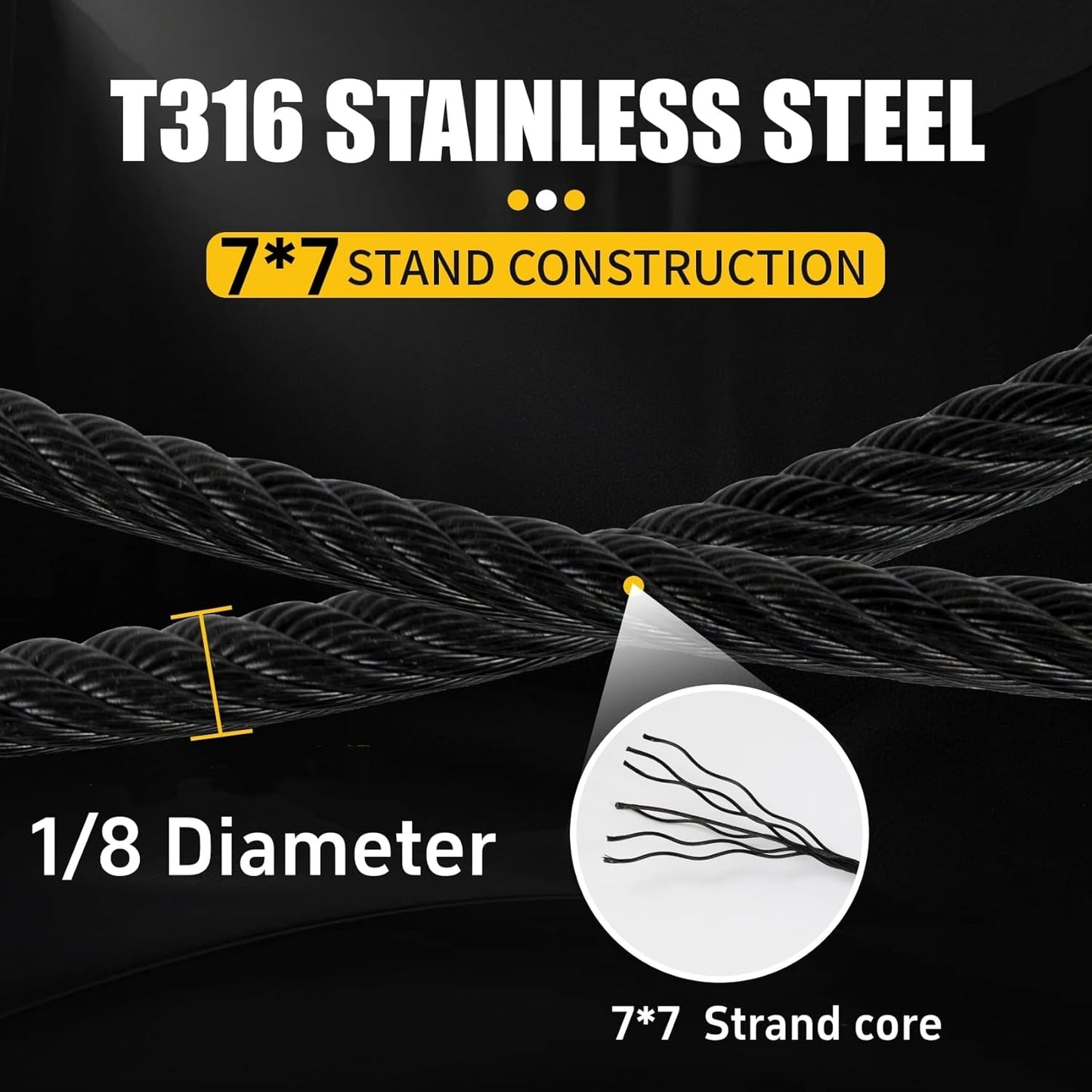 500FT 1/8" Stainless Steel Cable Black, 7x7 Strands, Wire Rope with Cable Cutter,1800lbs Breaking Strength Aircraft Cable for Deck Cable Railing, Stair, Fence, DIY Balustrades