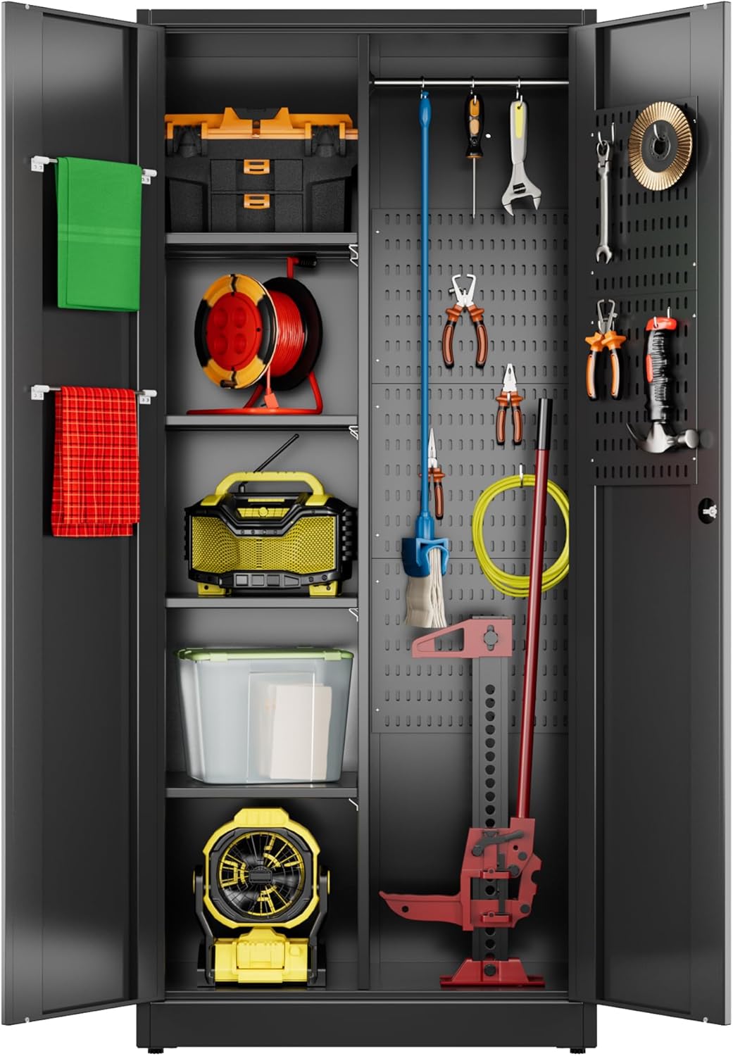 Broom Closet Storage Cabinet with 5 Pegboard, Hanging Rod &13 Hooks, Utility Metal Garage Storage Cabinets with Doors and 4 Shelves for Garage Home Storage, Black,71.5" H x 34" W x 17" D