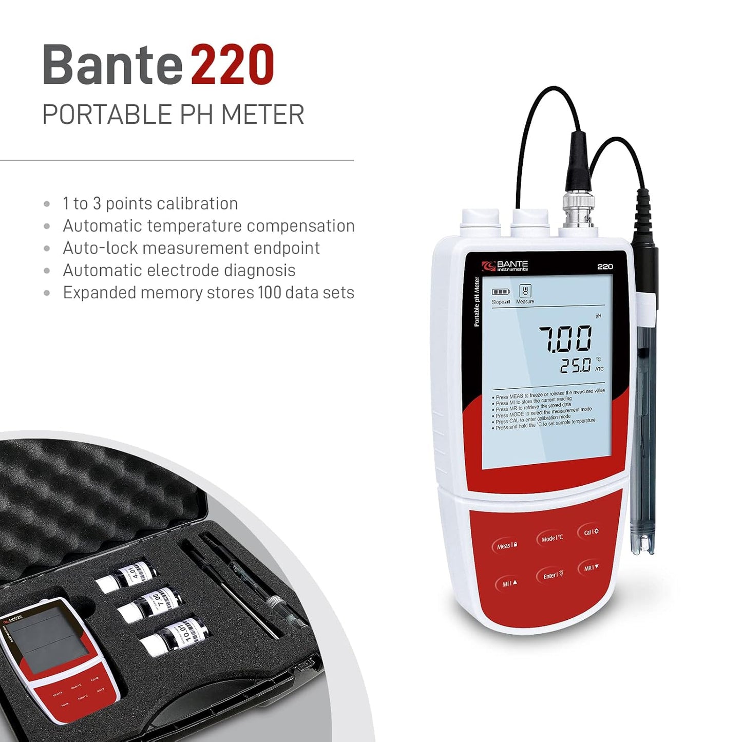 Bante 220 Portable pH Meter, ±0.01 pH Accuracy, 3 Points Calibration, Automatic Temperature Compensation, Auto-Read Measurement Endpoint, 100 Sets of Data Storage
