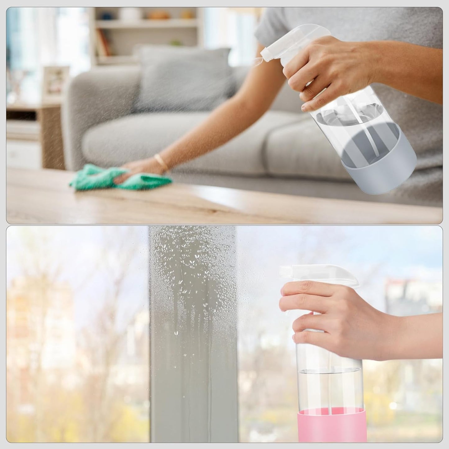 2 Pack Glass Spray Bottles with Silicone Sleeve, 16 oz Empty Refillable Containers with Adjustable Spray Nozzles, Spray Bottles for Hair, Cleaning Solutions and Plants Pink&Grey