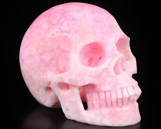 Skullis 5.1" Pink Aragonite Crystal Skull, Hand Carved Gemstone Fine Art Sculpture, Reiki Healing Stone Statue.1469