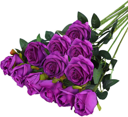 Hawesome 12PCS Artificial Silk Flowers Realistic Roses Bouquet Long Stem for Home Wedding Decoration Party (Purple 1)