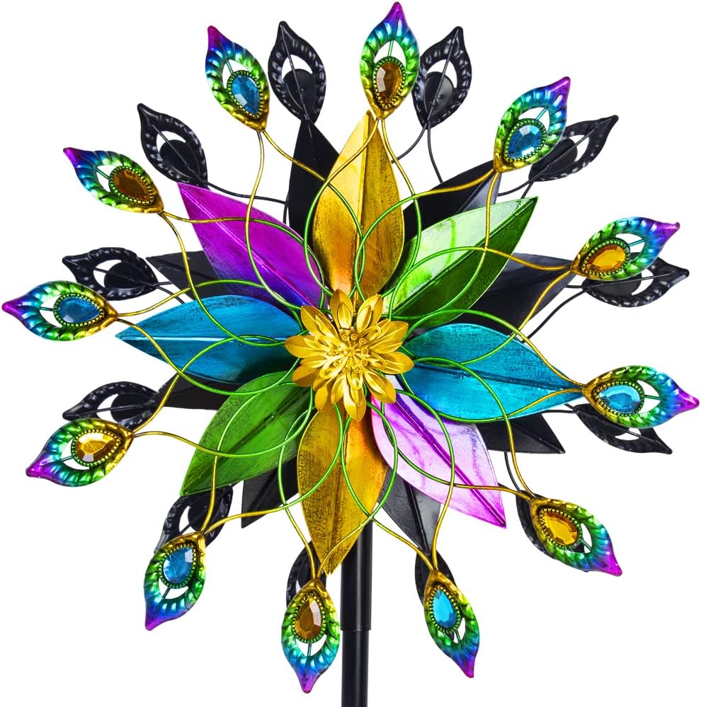 DREAMYSOUL Outdoor Kinetic Wind Spinner 360 Degree Rotate, Double-Sided Large Metal Wind Spinners for Yard and Garden, 16" Dia * 66" H Tall Wind Sculpture & Spinners