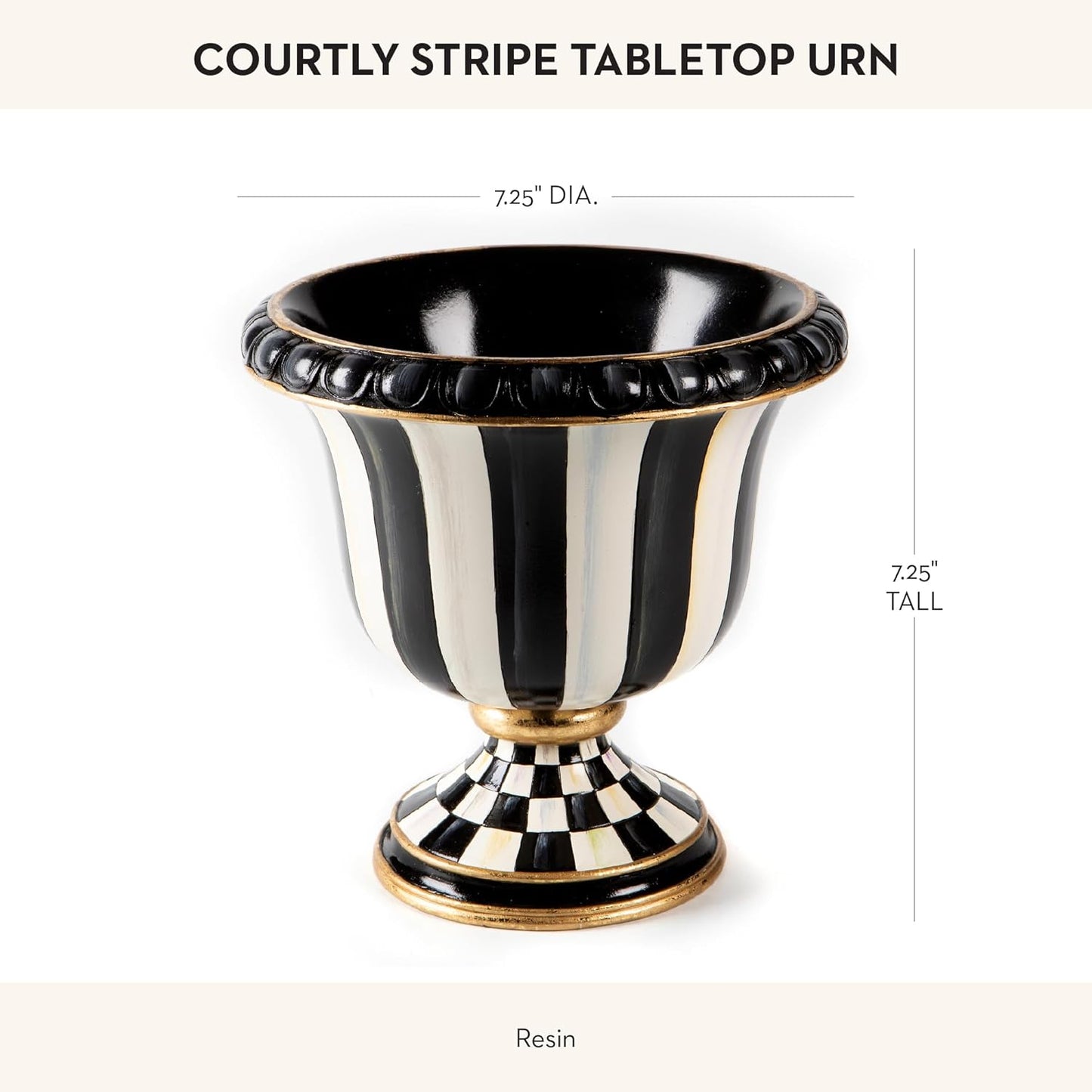 MACKENZIE-CHILDS Pedestal Tabletop Urn, Decorative Centerpiece for Table, Mantel, or Shelf, Small, Black-and-White Courtly Stripe