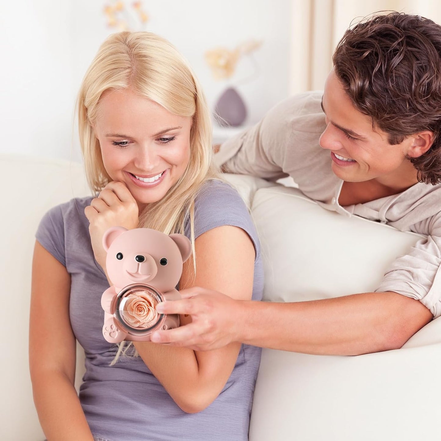 Cute Teddy Bear with Preserved Rose - A Real Rose Flower in Bear with Elegant Gift Box - Romantic Gift for Her in Mother's Day, Weddings, Anniversaries, and Bridal Showers (Champagne)