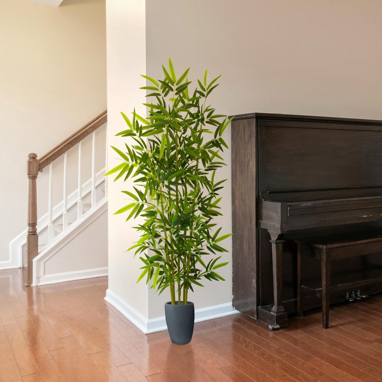 Artificial Bamboo Tree, 6ft Tall Fake Bamboo Plant with White Planter, Faux Trees with 5 Trunks and Lifelike Leaves for Indoor Outdoor Home Office Décor