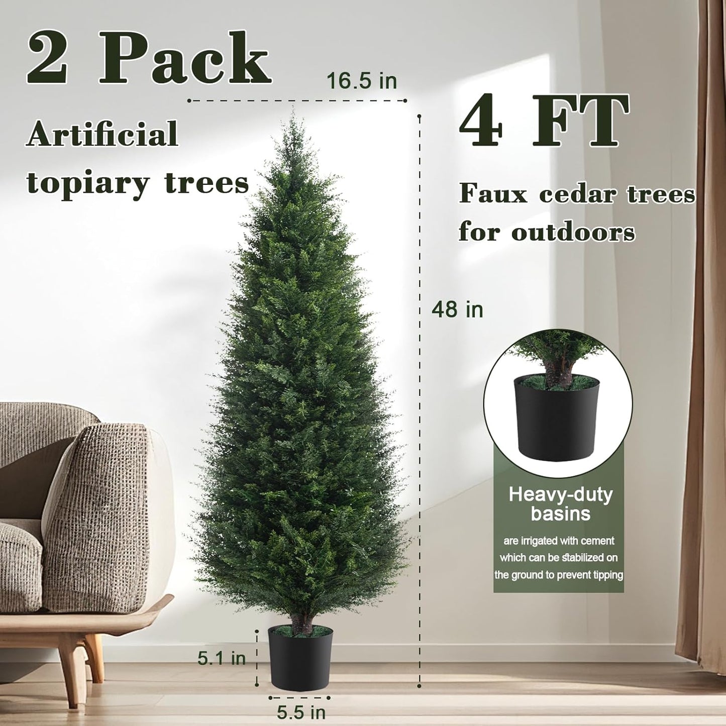 Two 4ft Artificial Plants Topairy Faux Cedar Trees for Outdoor Planters, 48IN Tall Fake Pine Bushes UV Resistant Large Potted Shrubs for Front Porch Décor