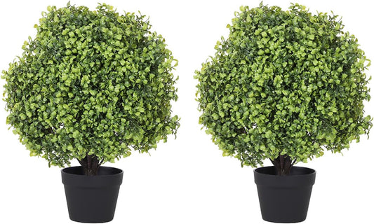 THE BLOOM TIMES 2ft Boxwood Topiary Ball Trees Artificial Outdoor Set of 2, 24" Faux Evergreen Plants Outside UV Resistant Greenery, Fake Potted Bushes and Shrubs for Front Porch Planter Patio Decor