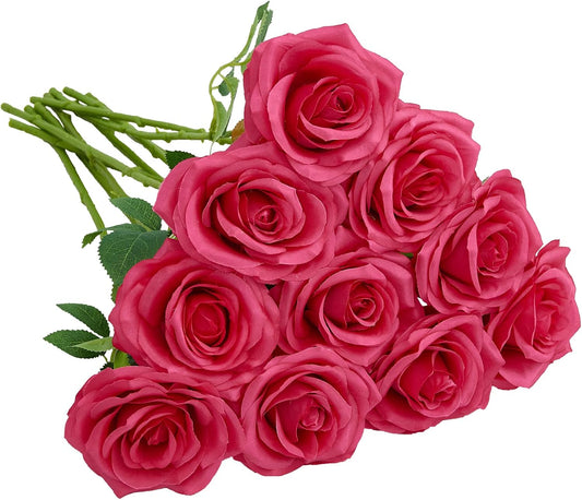 Artificial Rose 10pcs Open Flower Bouquet Faux Rose Stems for Wedding Arrangement, Bridal Bouquet, Centerpiece, Fake Faux Silk Flowers (Hot Pink)