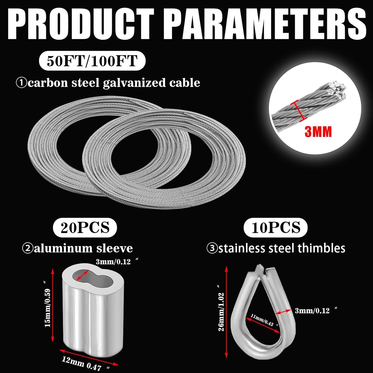 Metal Wire 1/8 inch Carbon Steel Galvanized Cable 100FT Length Aircraft Cable 7x7 Strand Core Picture Hanging Wire with 10 Pcs Thimbles and 20 Pcs Aluminum Sleeves