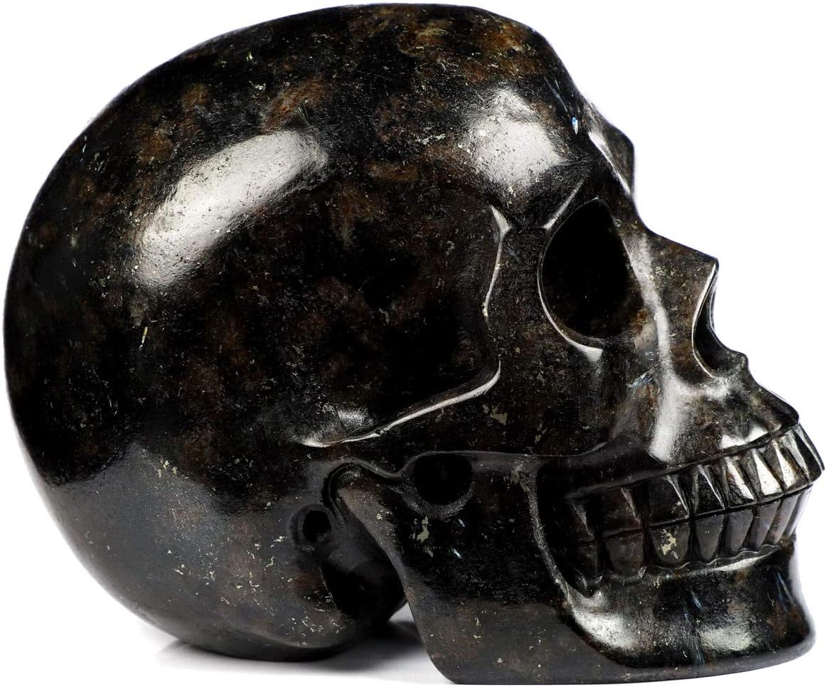 Skullis 5.0" Russian Arfvedsonite Crystal Skull, Hand Carved Gemstone Fine Art Sculpture, Reiki Healing Stone Statue.