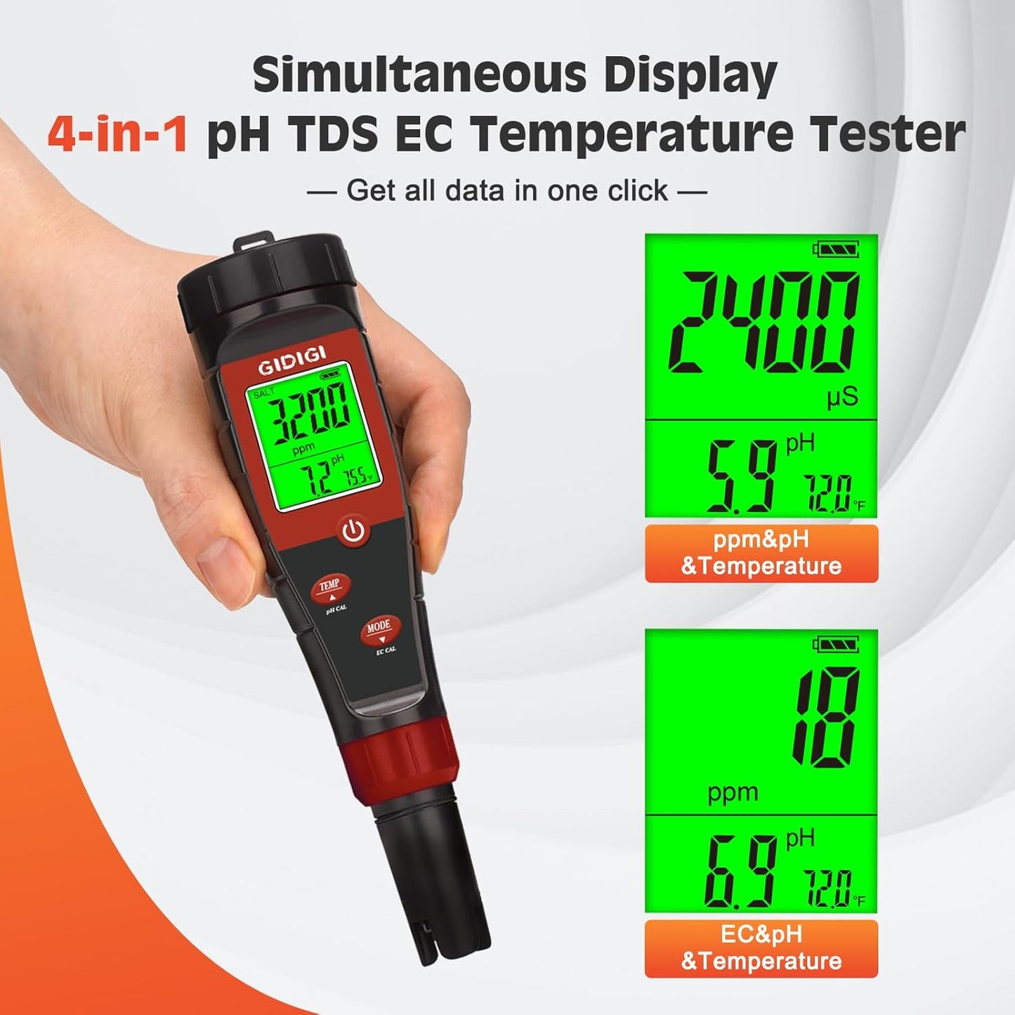 Digital pH Tester for Water, pH Meter for Hydroponic Water, TDS Tester EC PPM Test for Plant Nutrients, 4-in-1 Meter for Conductivity, pH Pen for Drinking Water, DWC, Indoor Plants
