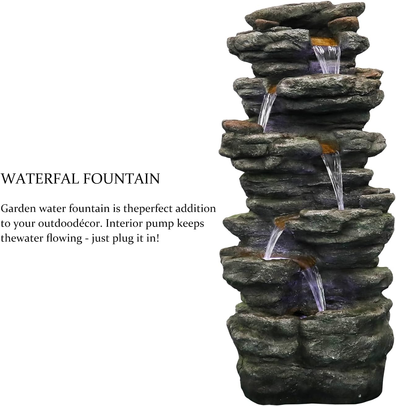 SunJet 40" High 6-Tiers Cascading Rock Outdoor Water Fountain with LED Lights - Large Outdoor Fountains and Waterfalls for Garden or Patio, Yard, and Deck Decor, Featuring Natural Stone Look