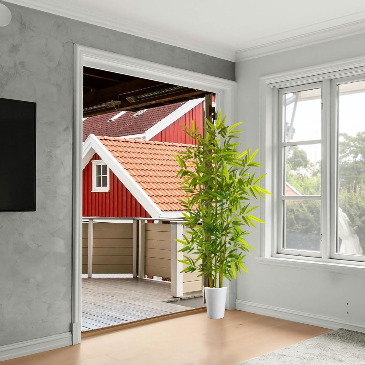 Artificial Bamboo Tree, 6ft Tall Fake Bamboo Plant with White Planter, Faux Trees with 5 Trunks and Lifelike Leaves for Indoor Outdoor Home Office Décor