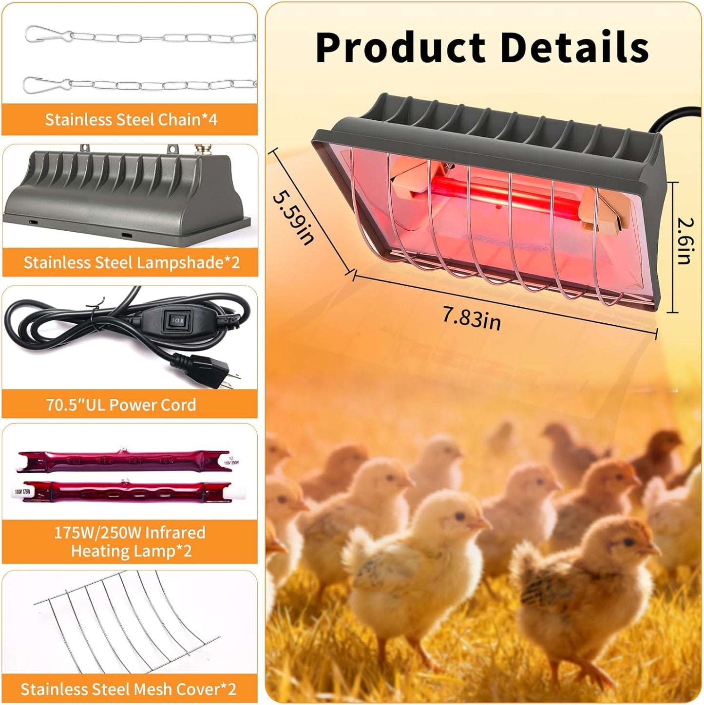Chicken Coop Heating Lamp 2pack, 250W Brooder Heater with Guard,Waterproof Ceramic Joint Heat Lamp Bulb,Adjustable Temperature(175W/250W) and Height,Suitable for Poultry, Livestock & Small Pets