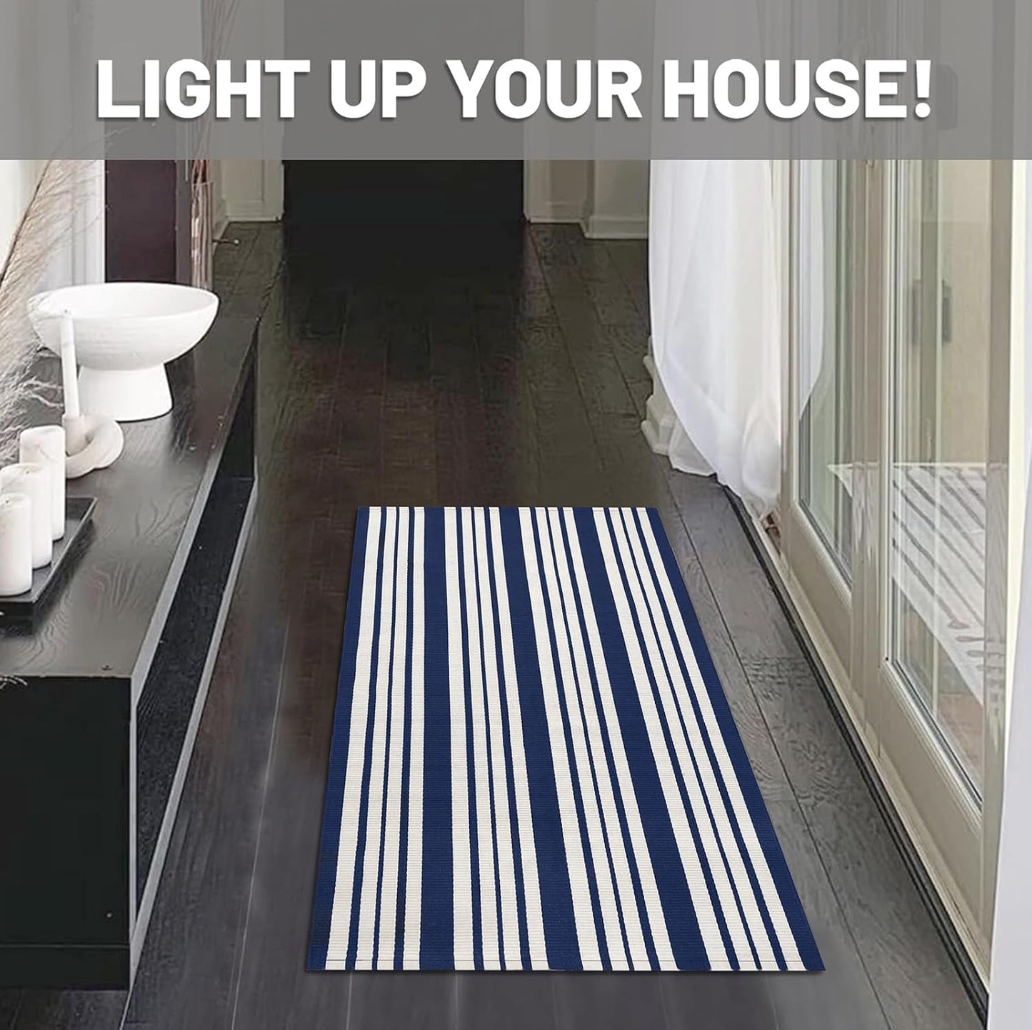 IOHOUZE Navy and White Striped Rug 2'x3' Front Door Rugs, Small Washable Area Rug for Front Porch, Spring Summer Doormats Outdoor Indoor, Cotton Rugs for Entryway Porch Entrance