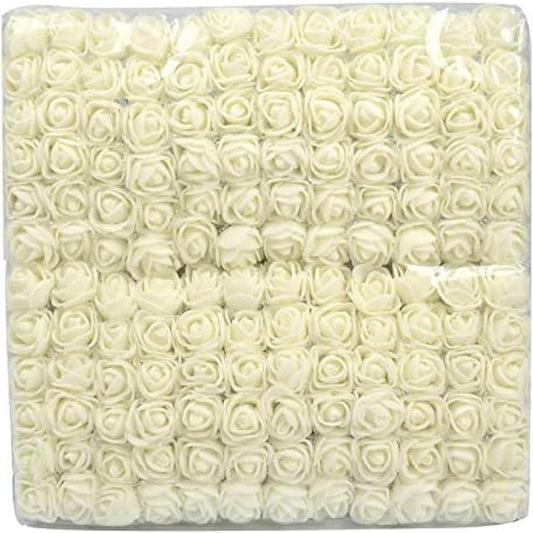 Mini Fake Rose Flower Heads 144pcs Mini Artificial Foam Roses DIY Wedding Flowers Accessories Make Bridal Hair Clips Headbands Dress (Bottom add Gauze) for Valentines Day,Wedding,Bridal (Milk White)