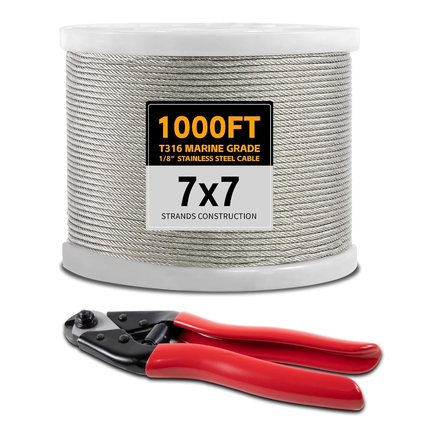 1000FT 1/8" Stainless Steel Cable Wire Rope with Cutter, Cable for Deck Railing, 1800 lb Breaking Strength 7x7 Strands, T316 Aircraft Cable for Stair, Fence, Porch