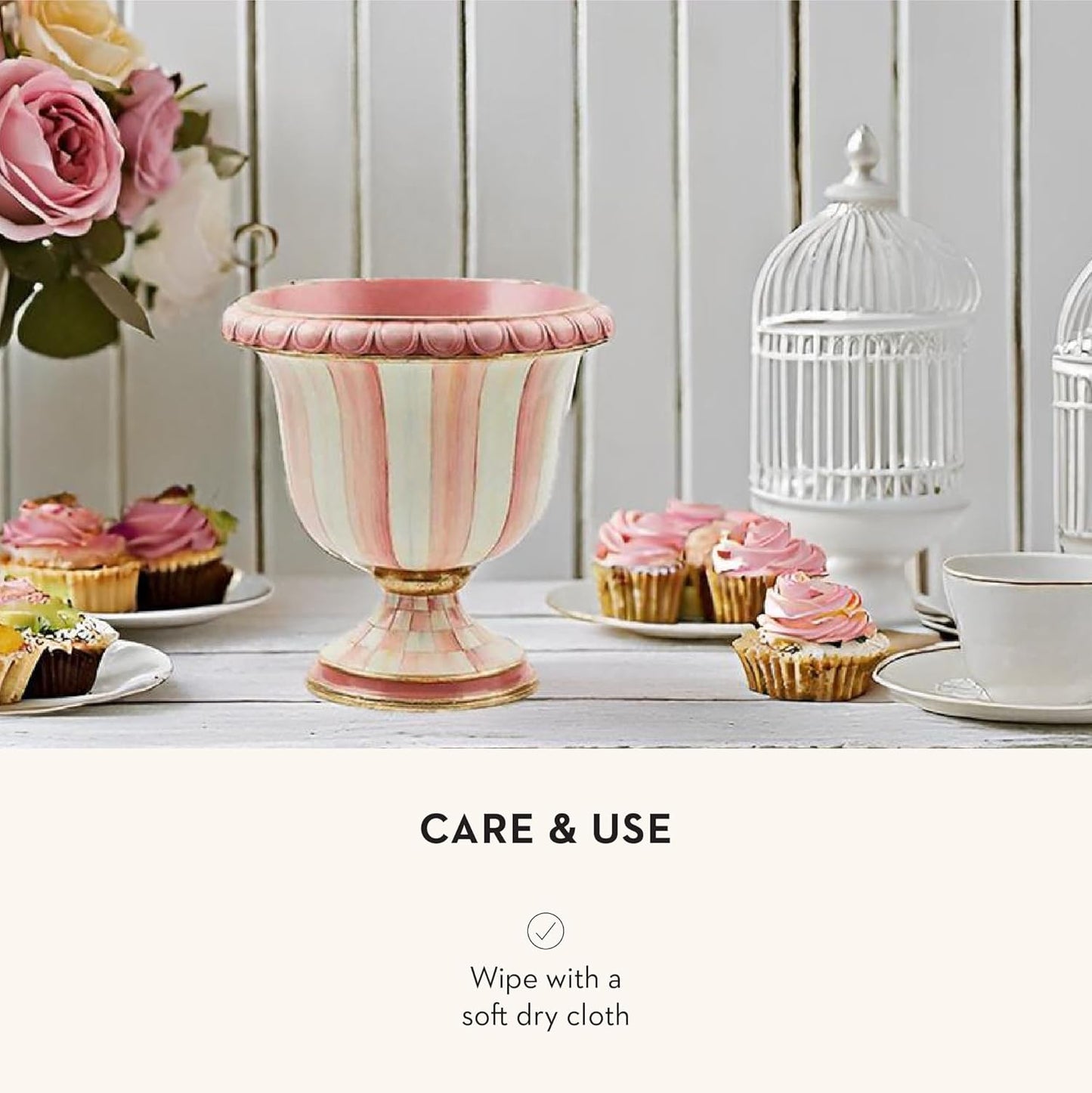 MACKENZIE-CHILDS Pedestal Tabletop Urn, Decorative Centerpiece for Table, Mantel, or Shelf, Small, Pink-and-White Rosy Stripe