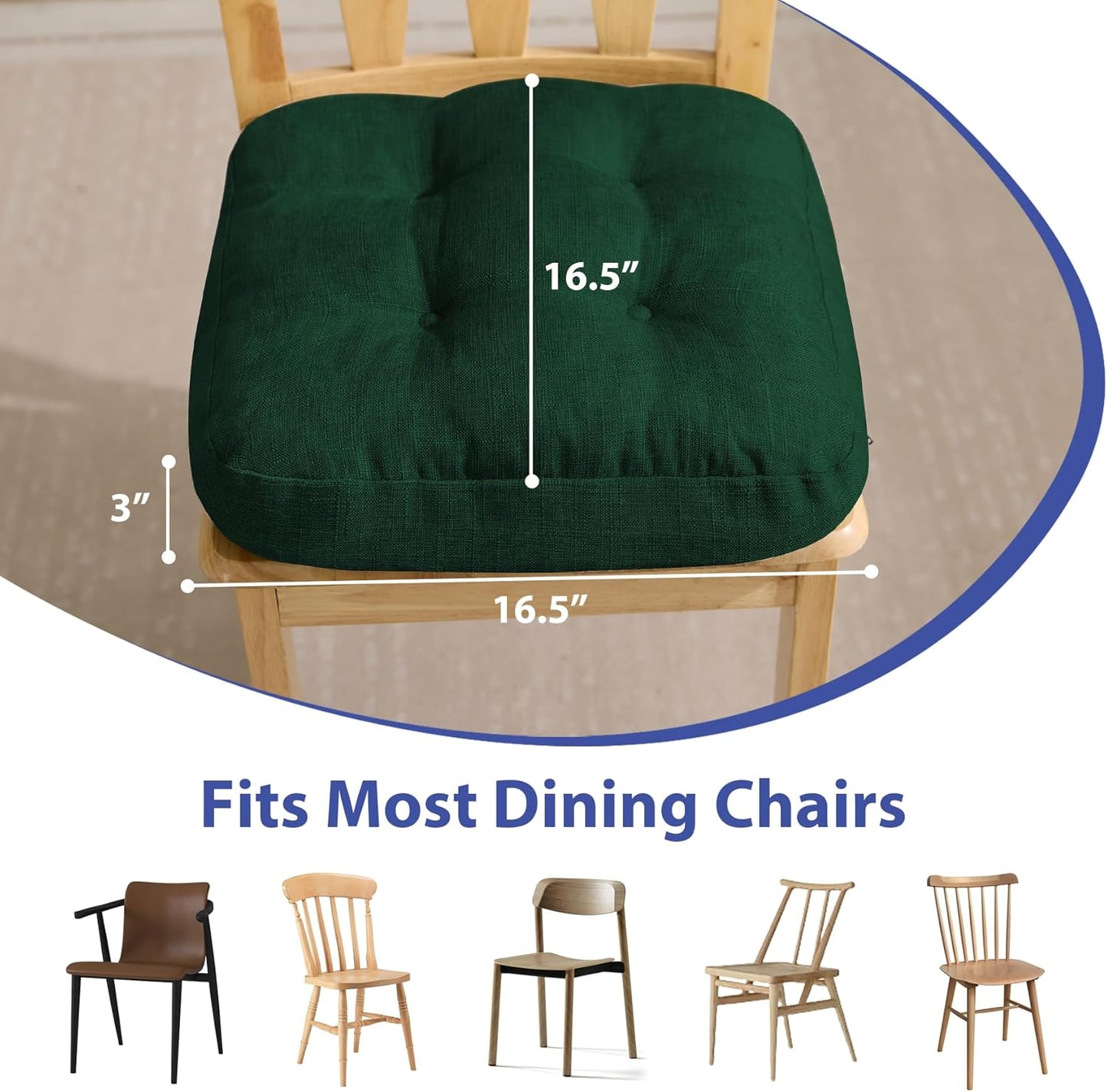 Chair Cushions for Dining Chairs, Dining Chair Cushions, Tufted Indoor Chair Pads with Ties & Non Slip Backing, Seat Cushions for Kitchen Chairs 16.5” x 16.5” x 3.5”, Set of 6, Green