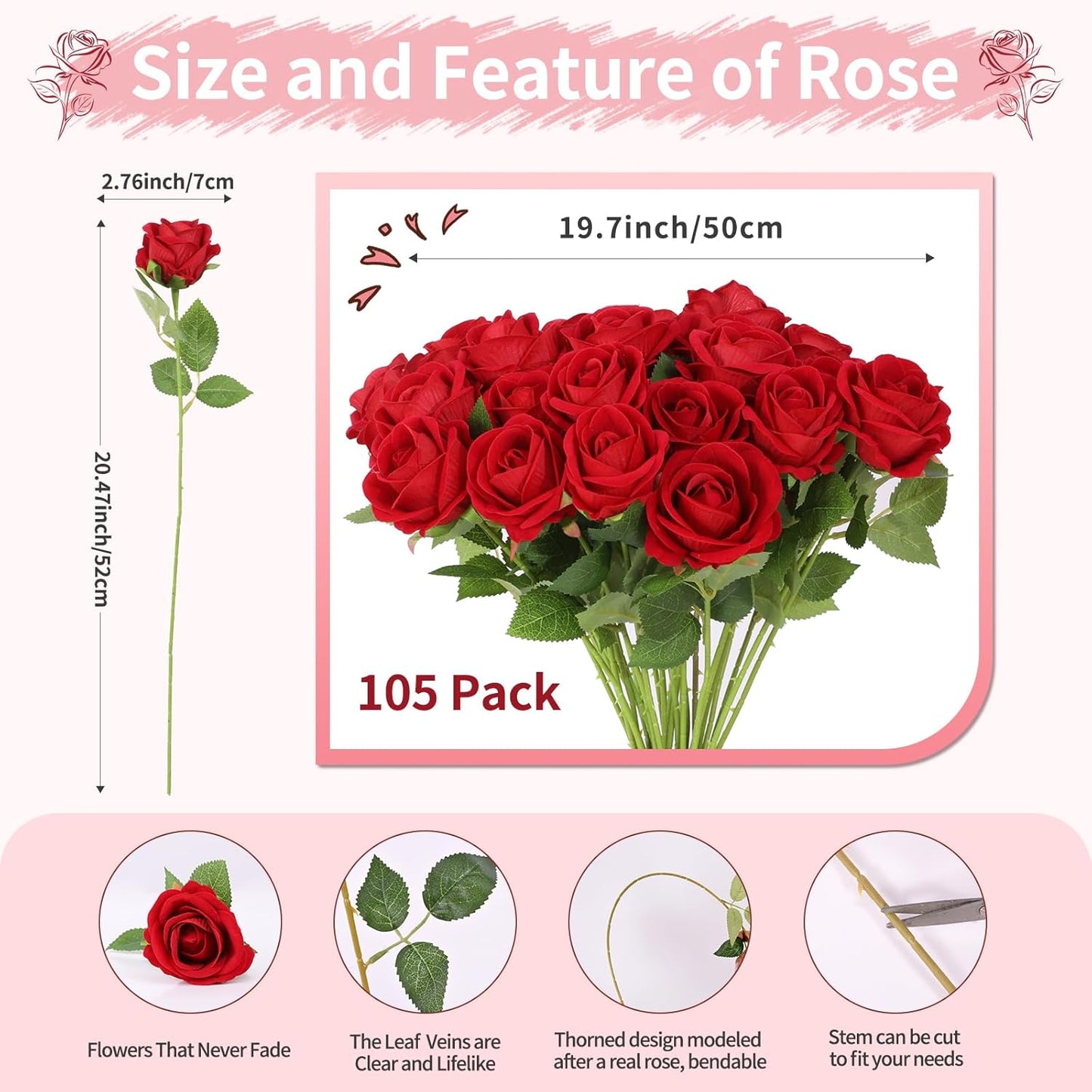 102 PCS Fake Roses Artificial Flowers Bulk, Red Roses Bridal Bouquet Silk Faux Rose with Stems for Wedding Flowers Decoration, Valentine's Day, Bridal Bouquet, Anniversary,Home Decor (102PCS, Red)