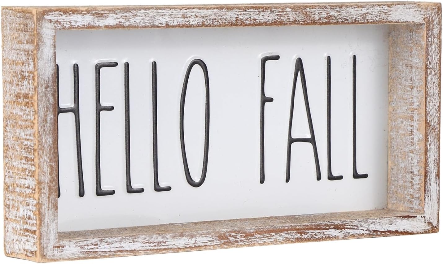 Fall Decor, Hello Fall Block Sign for Shelf, Mantel, Table, Rustic Thanksgiving Decoration, Autumn Tiered Tray Decor, Embossed Metal With Wood Frame Black